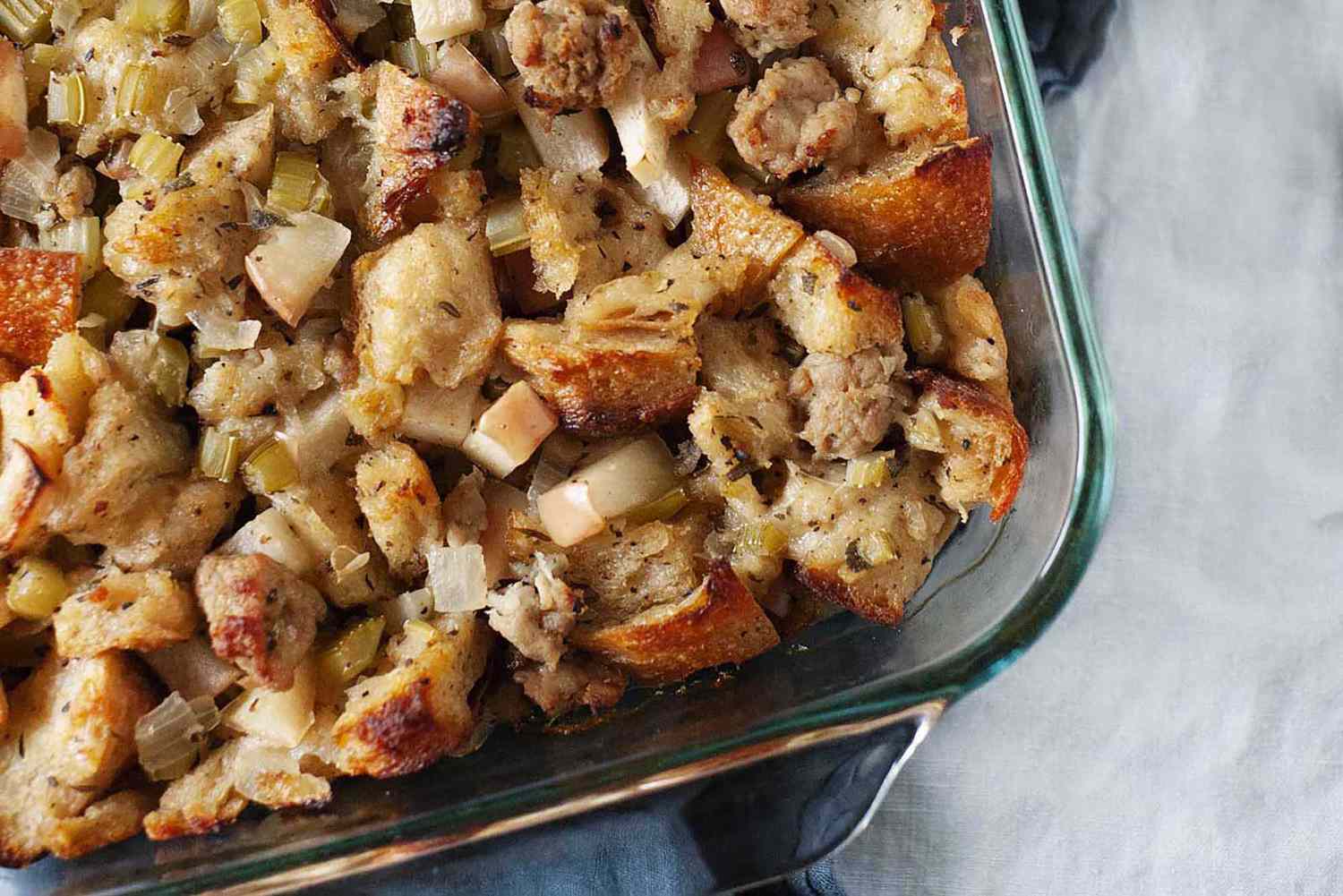 A baking dish with stuffing, ready to be served