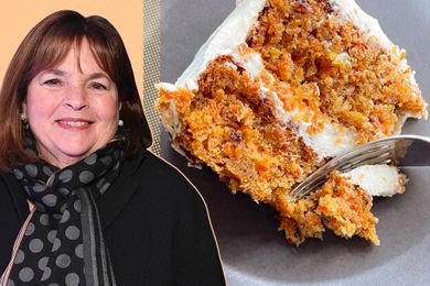 A split image of Ina Garten and a slice of carrot cake