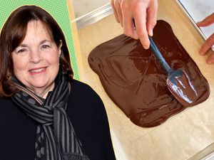 Ina Garten next to a photo of a hand holding a spatula spreading chocolate on a parchment-lined baking sheet
