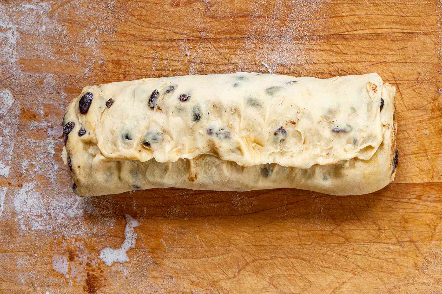 Seam for Rolled Cinnamon Swirl Raisin Brioche Loaf Pinched Closed