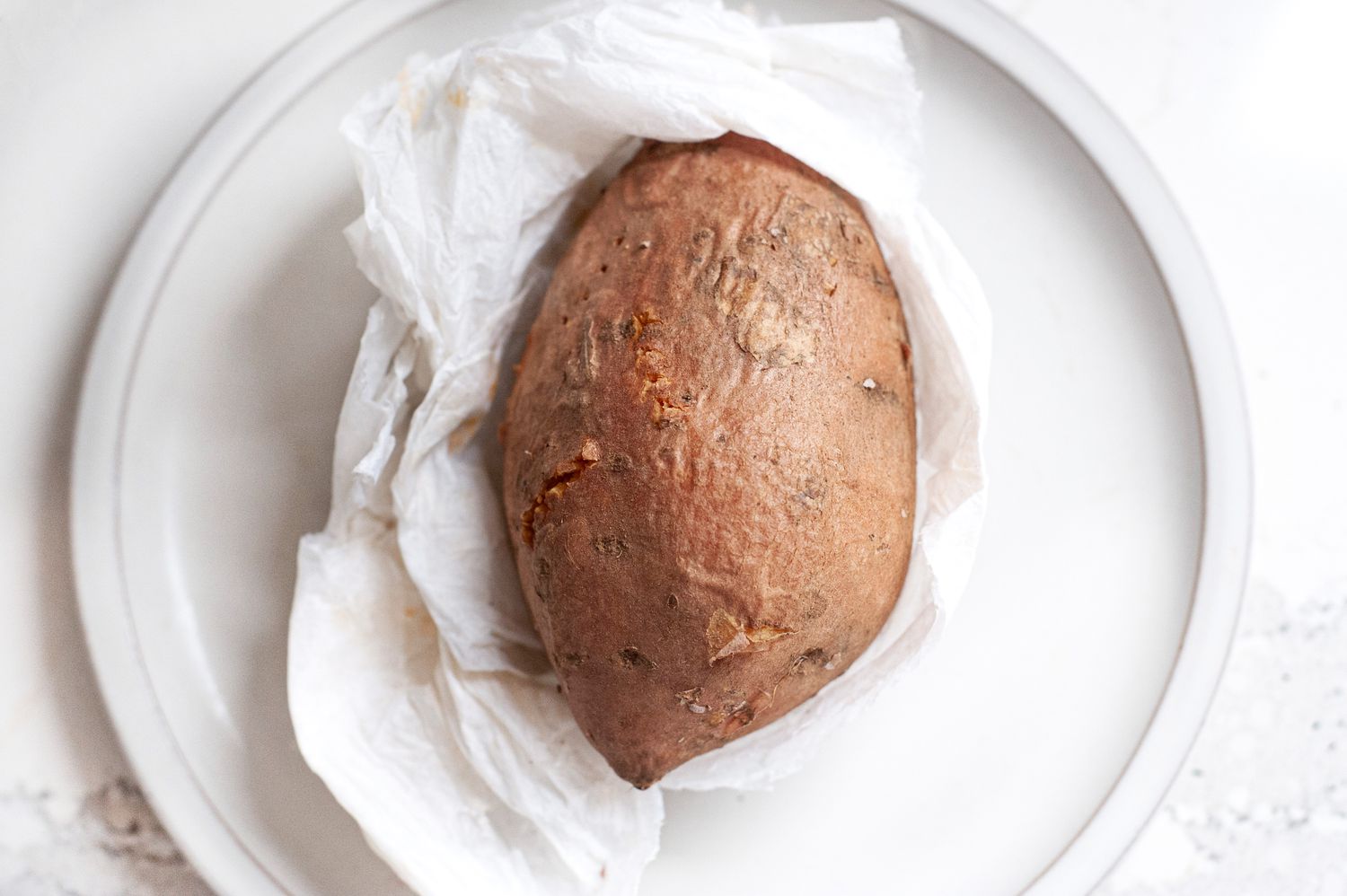 Paper Towel Removed from Microwaved Sweet Potatoes 