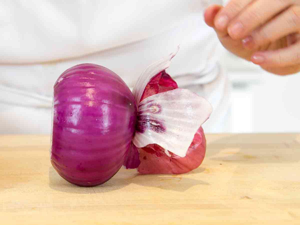 with the small sliver sliced on the bottom, the onion stands up on its own