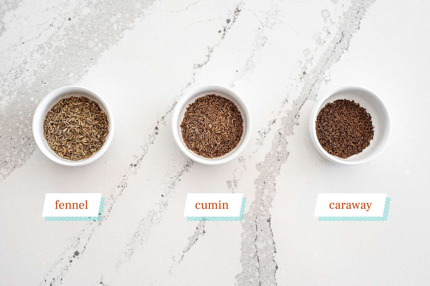 Small ramekins filled with ground fennel, cumin, and caraway