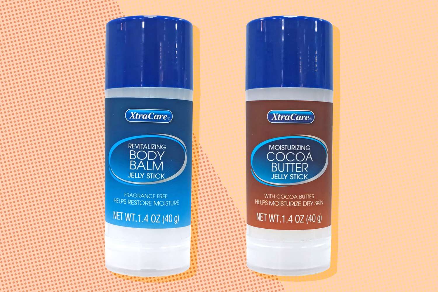 Two XtraCare jelly stick products Body Balm and Cocoa Butter varieties on a dotted orange background