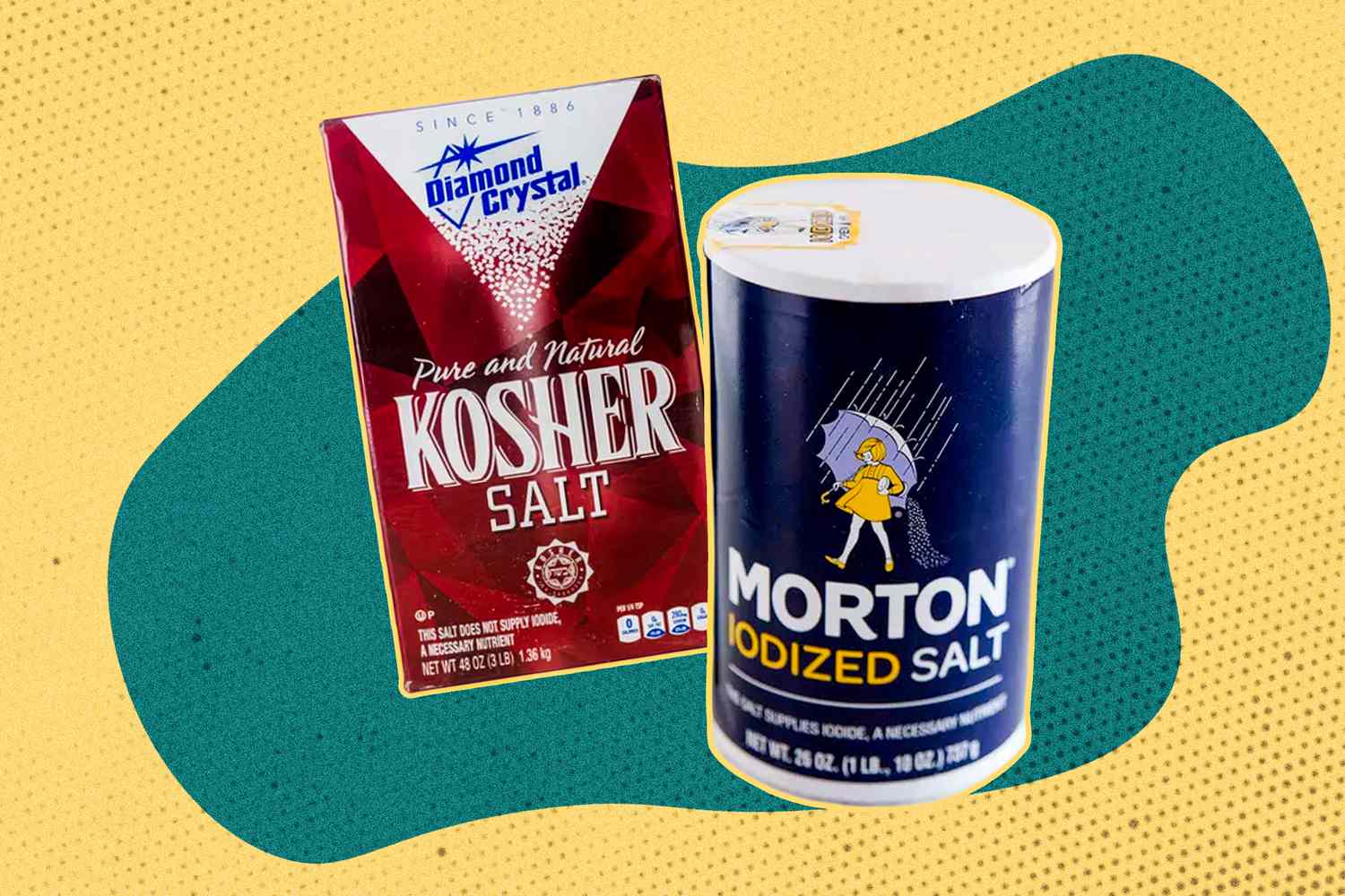 Box of kosher salt and a container of table salt on a color block background 