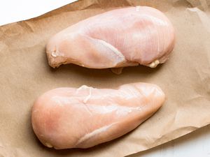 Two chicken breasts on brown paper