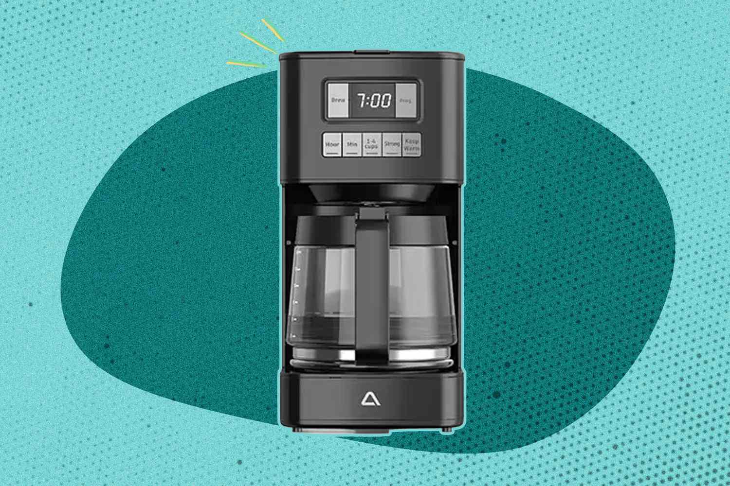 Aldi programmable coffee maker against a graphic background
