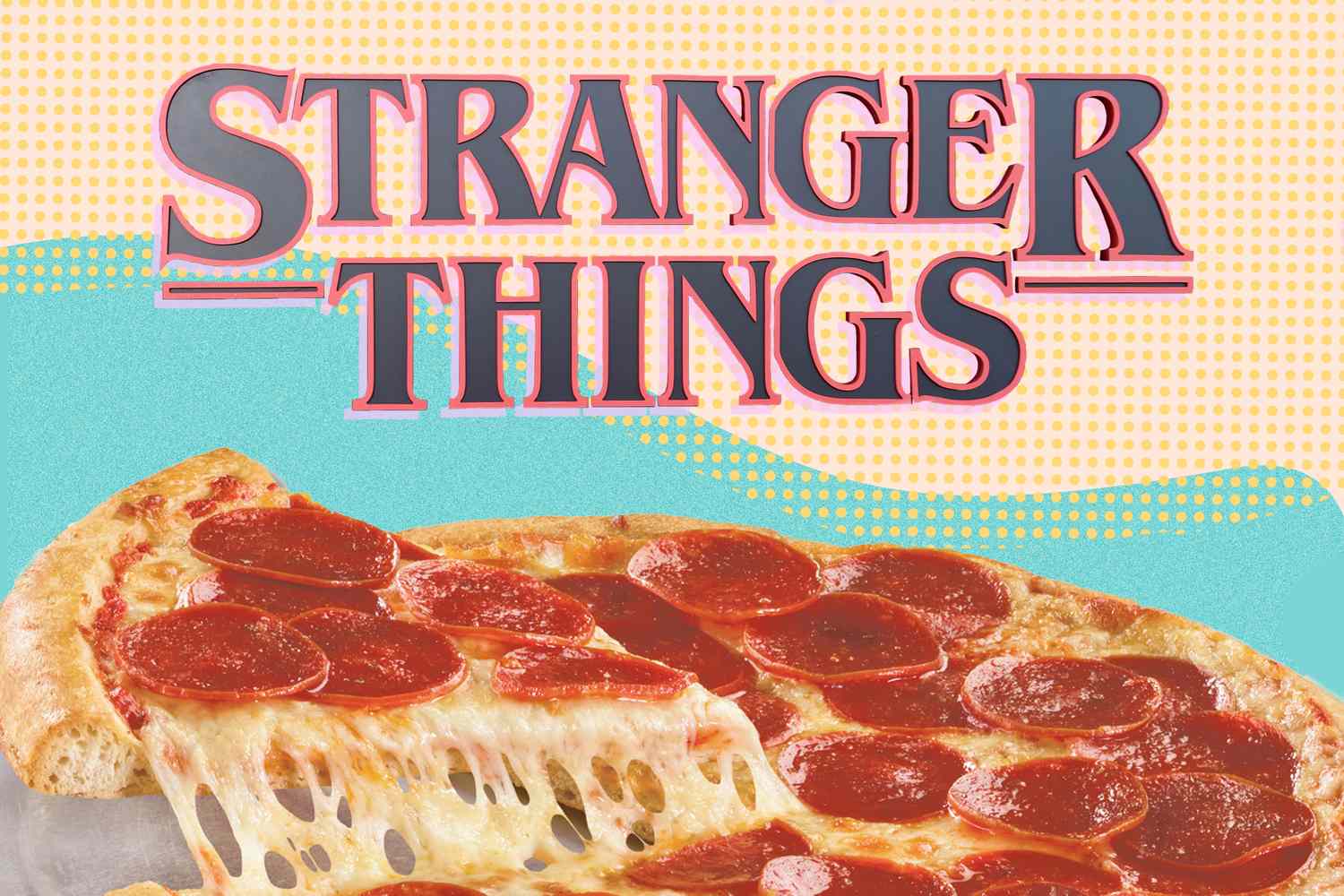 Promotional artwork featuring a pepperoni pizza slice with the Stranger Things logo above it