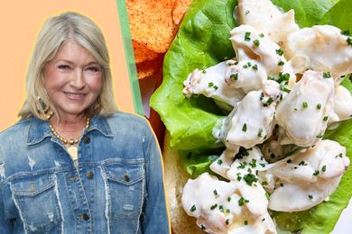 A split image of Martha Stewart and a crab roll