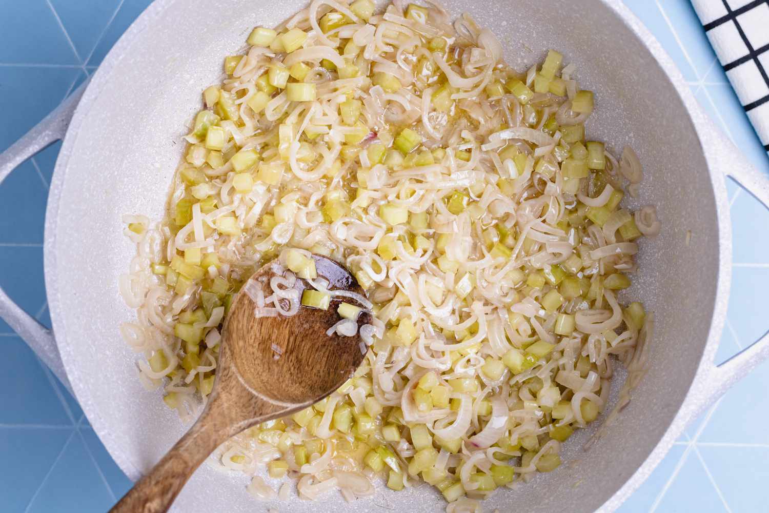 Cooking leeks in a pot for leftover turkey recipe