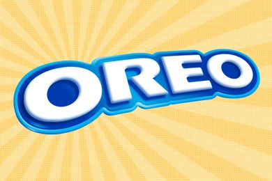 Oreo logo against a yellow background with radial design