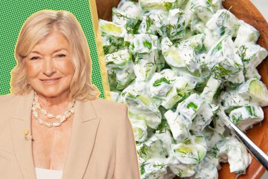 A split image of Martha Stewart and a dish of cucumber salad