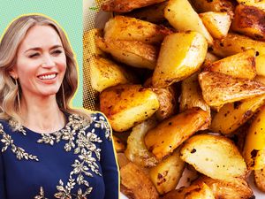 Emily Blunt headshot and roasted potatoes 