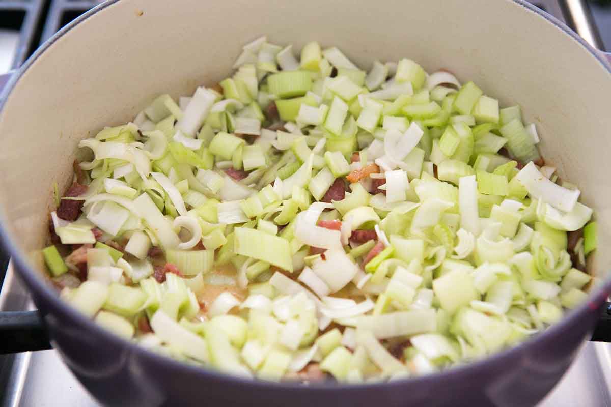 sautéing celery and leaks with bacon
