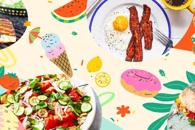 Pork on grill, large salad, fried egg and bacon, and tacos. 