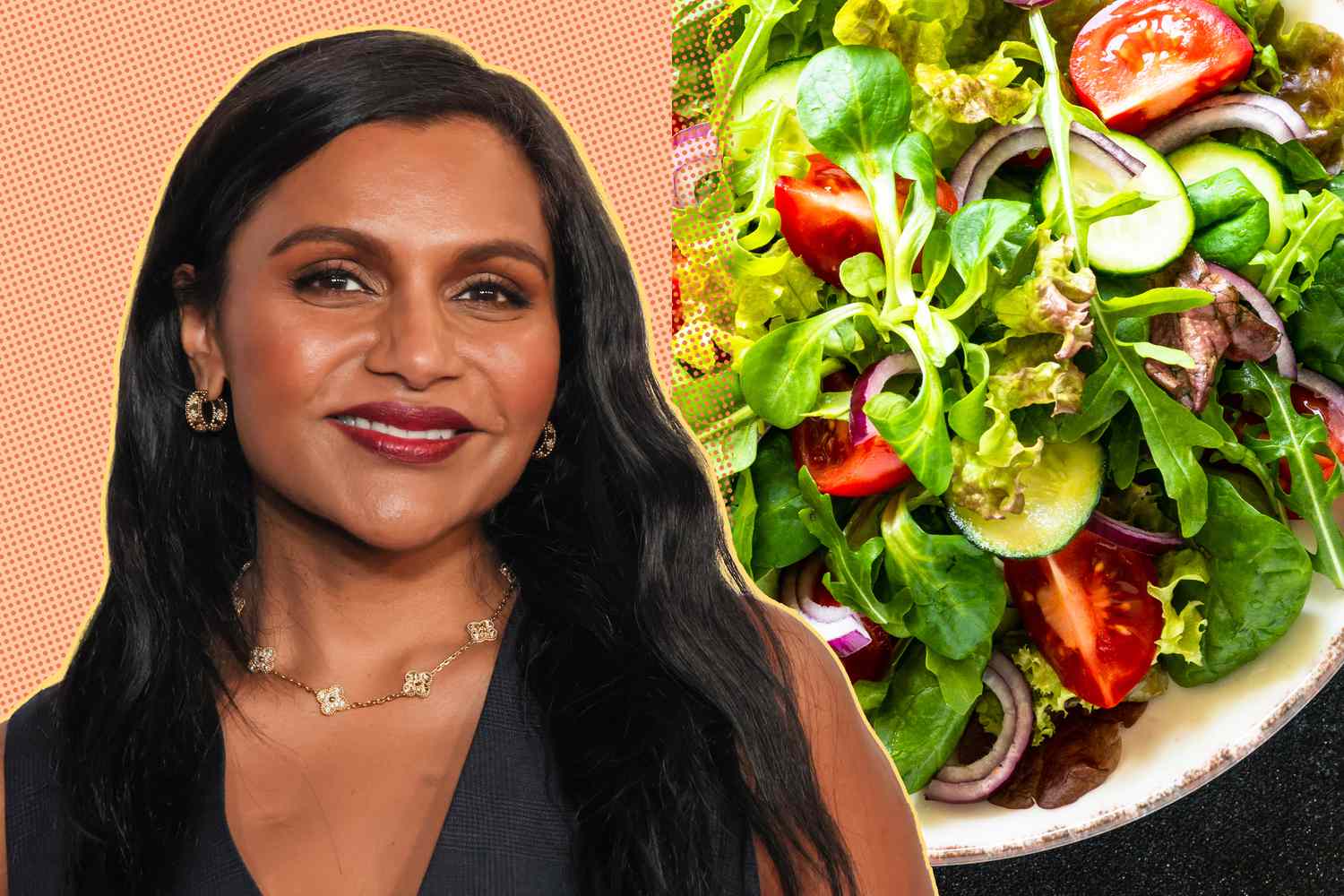 Mindy Kaling next to a photo of a leafy salad with tomatoes, cucumber, red onion, and spring mix