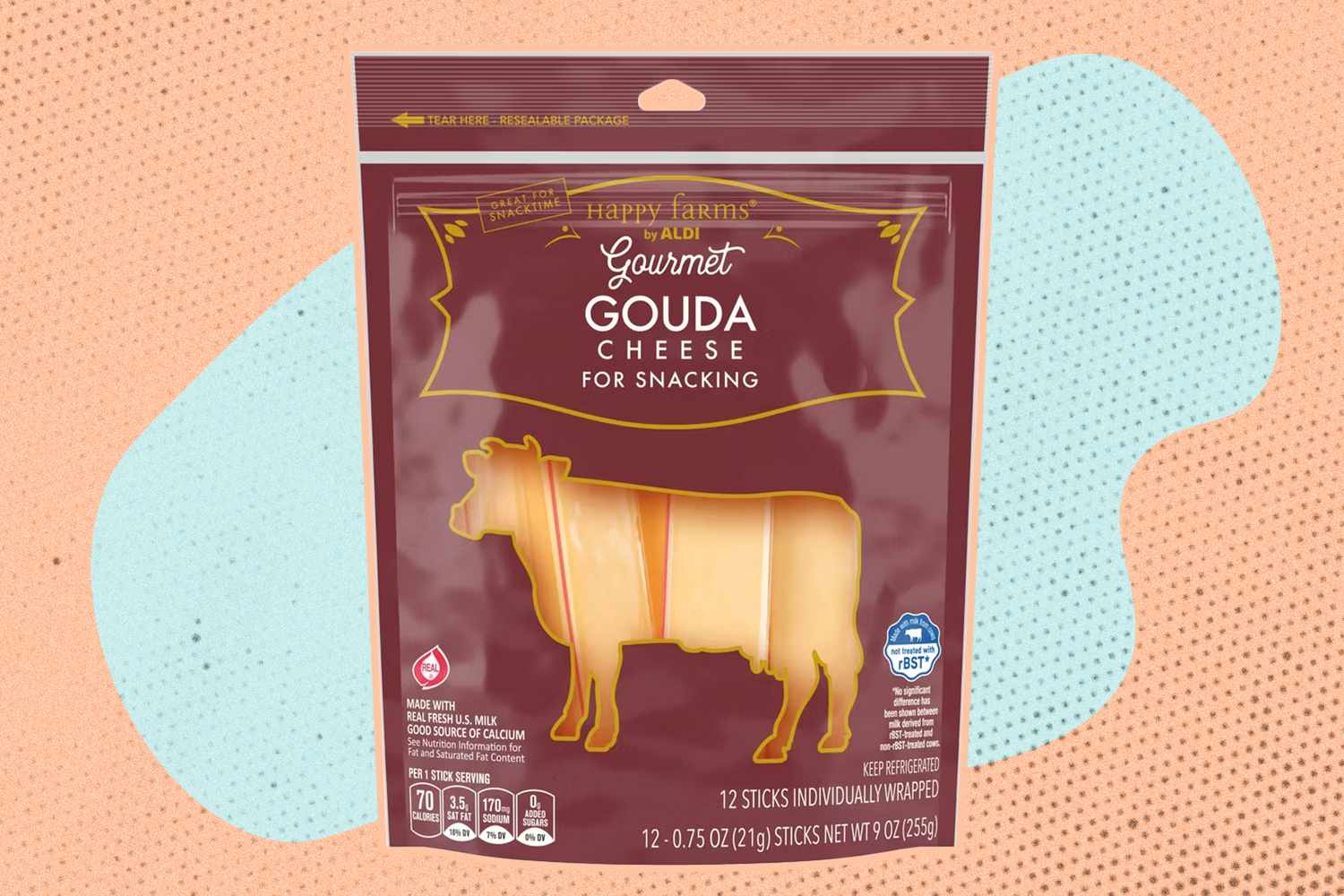 A package of Happy Farms Gouda Cheese for snacking with an image of a cow on it