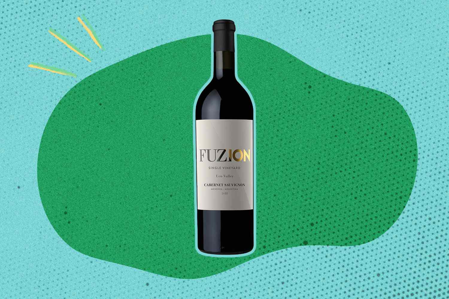 A bottle of Fuzion wine on a green shape over a light blue background