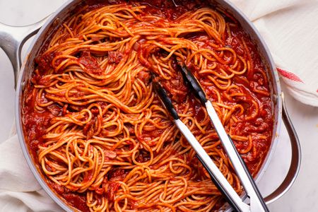 Marry Me Pasta in a pan with tongs
