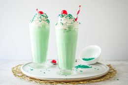 Two Copycat McDonald’s Shamrock Shakes on a platter.