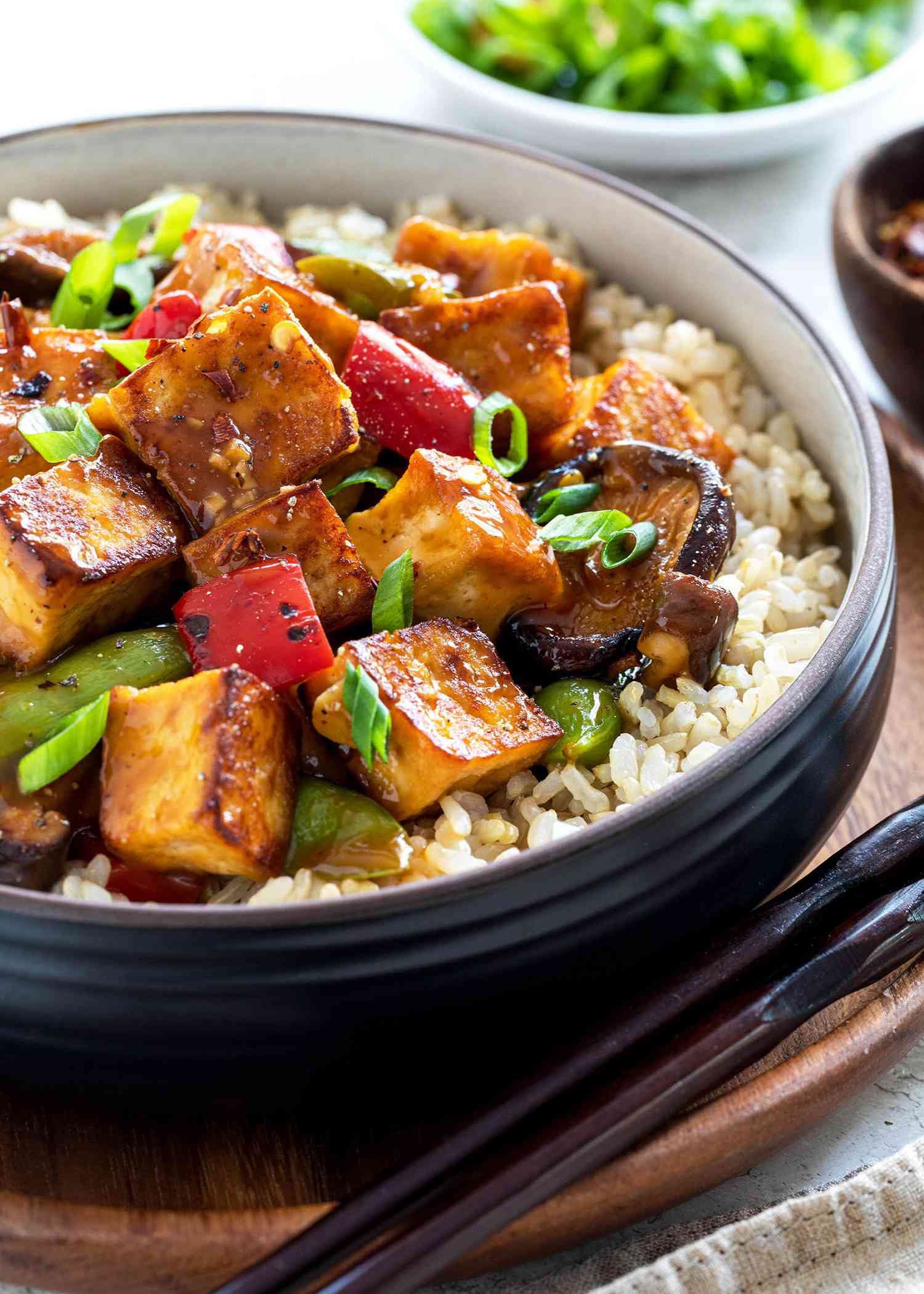 One Pot Vegetarian Stir Fry with tofu served in a bowl.