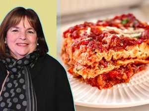 Ina Garten next to a plate of lasagna