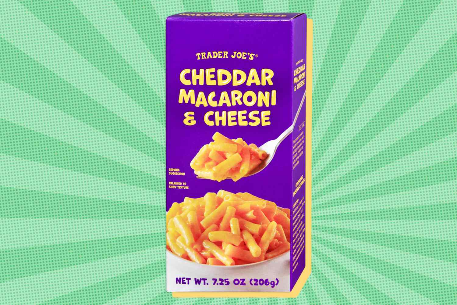 trader joe's cheddar macaroni & cheese over a colored background