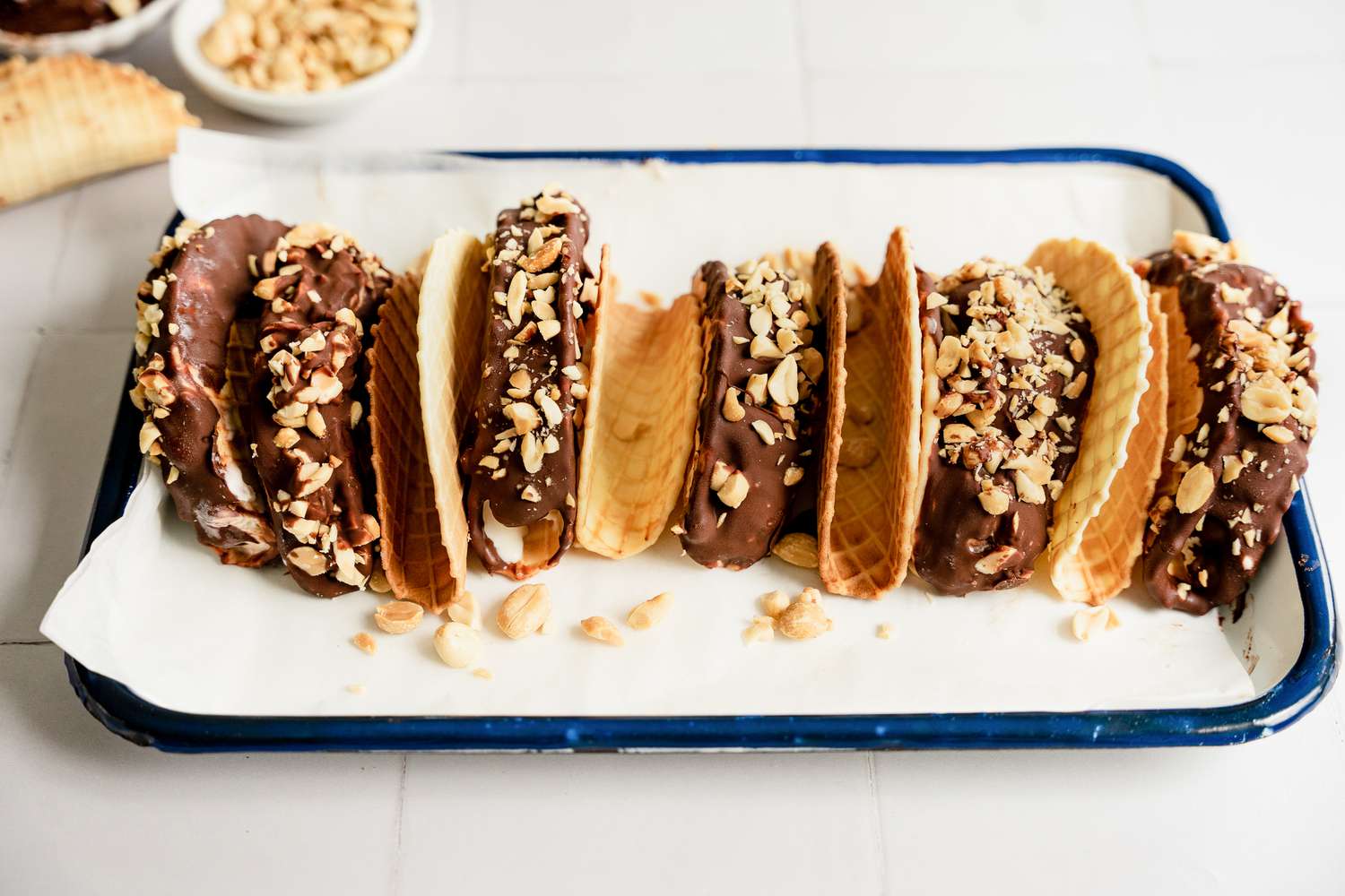 Copycat choco tacos on a tray.