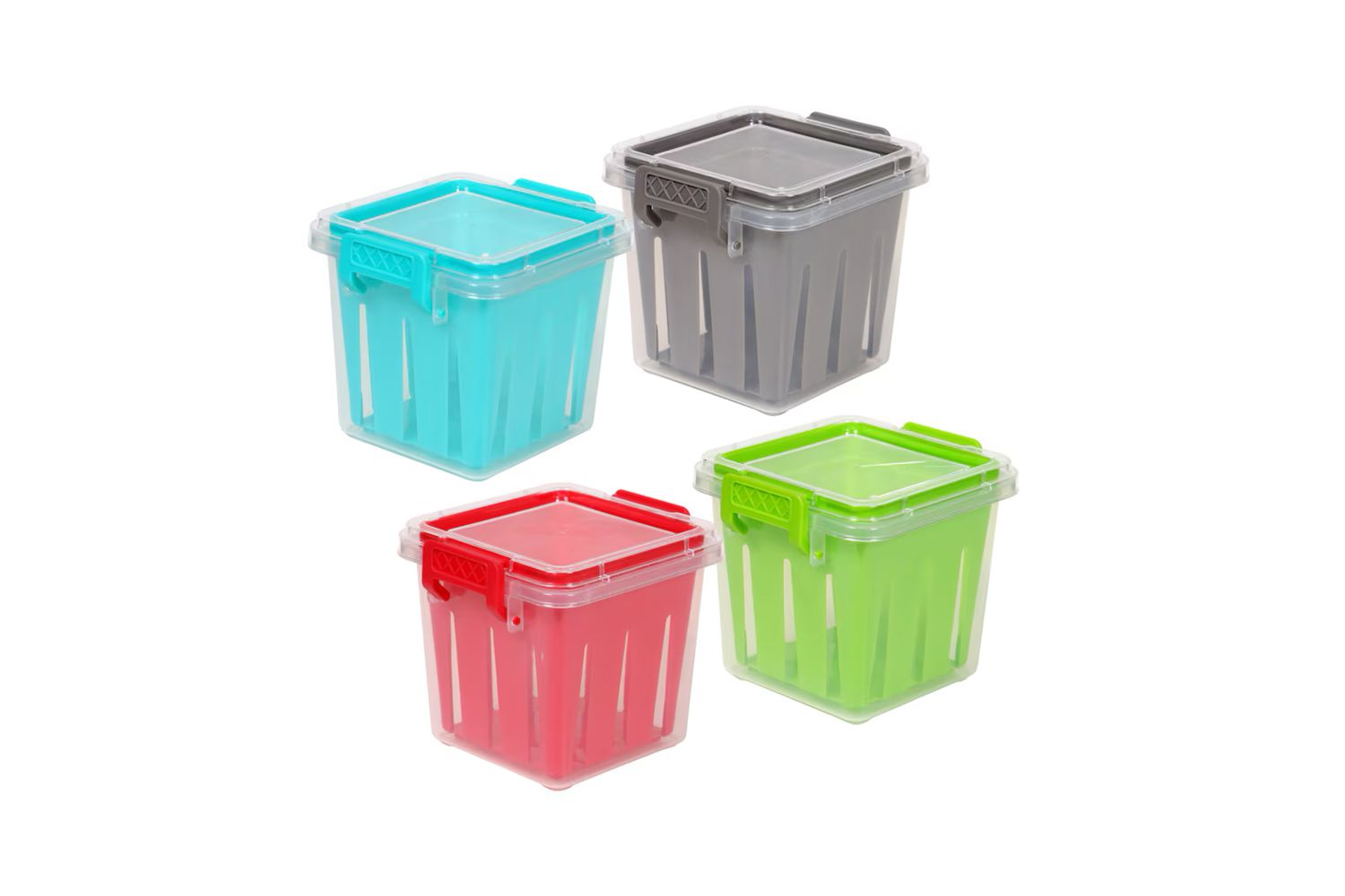 Plastic food storage containers with lids, shown in four assorted colors, stacked with lids closed