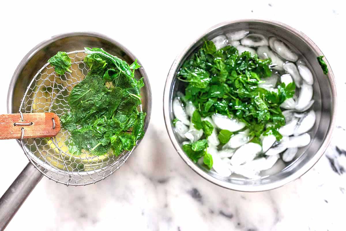Mint Pesto Sauce - a bowl of ice water next to bowl of recently cooked peas and beans. Vegetables are being transferred to the bowl of ice