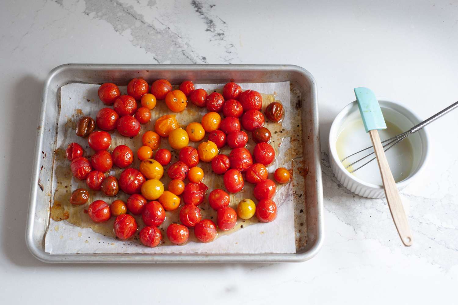 Roasted Tomatoes with Dressing on a Tray