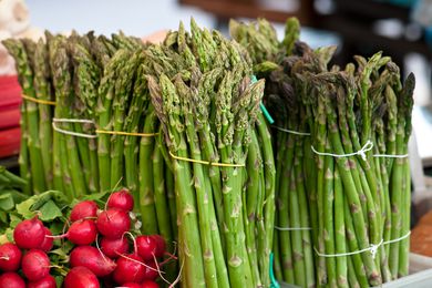 Sideview of bunches of asparagus and radishes
