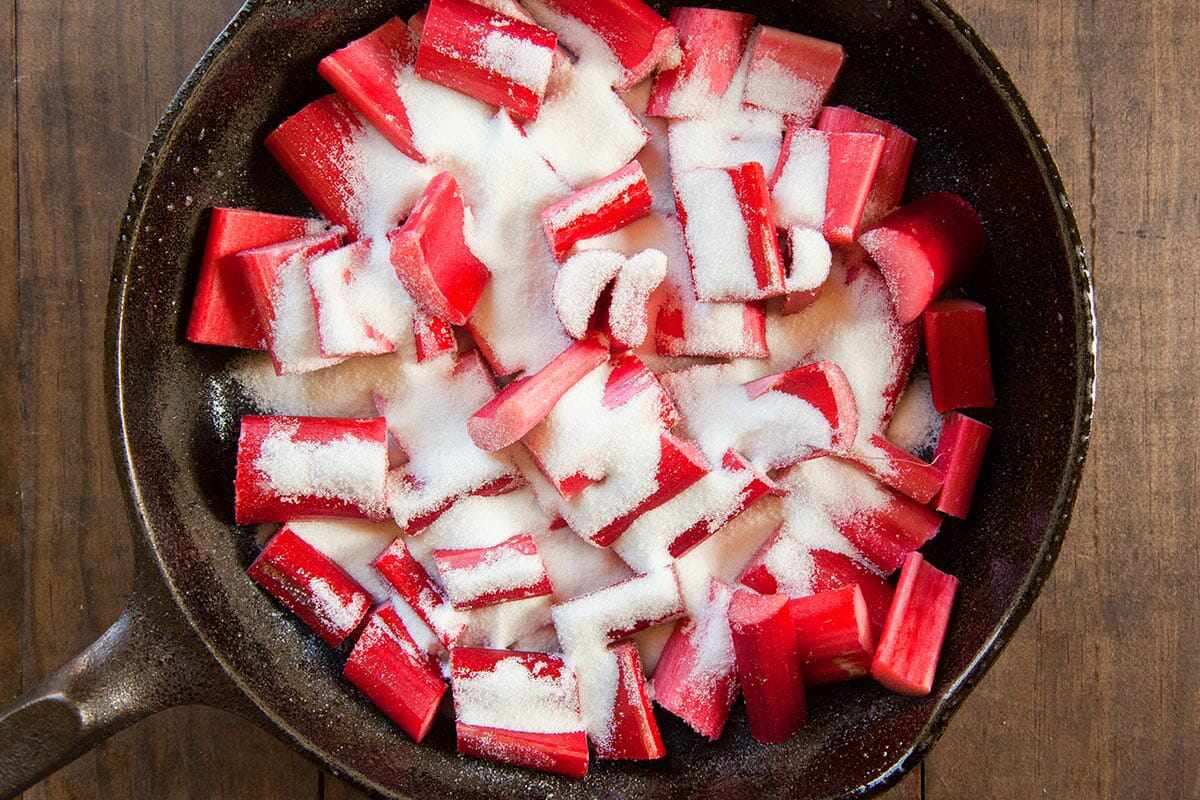 Strawberry and rhubarb crisp add the sugar to rhubarb