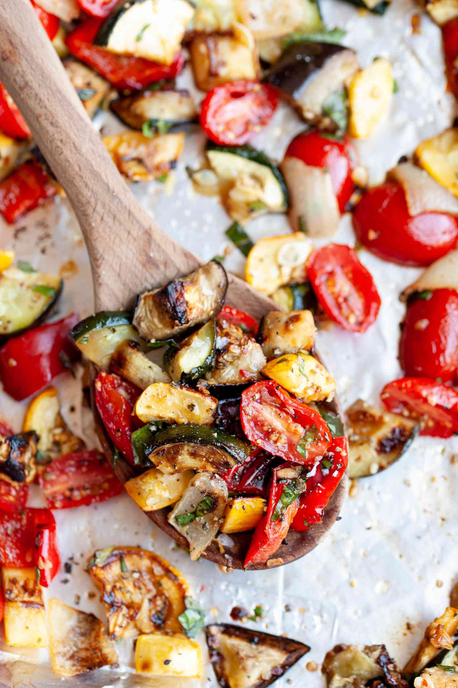 Sheet Pan Ratatouille on a Spoon with More on the Pan Below