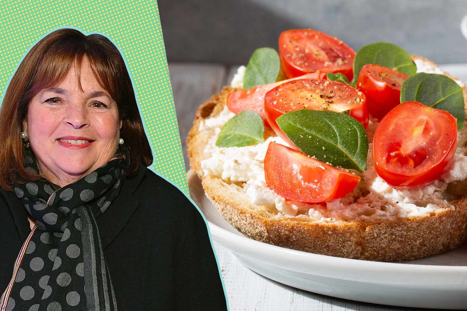 portrait of Ina Garten collaged with Herbed Ricotta Bruschettas on a plate
