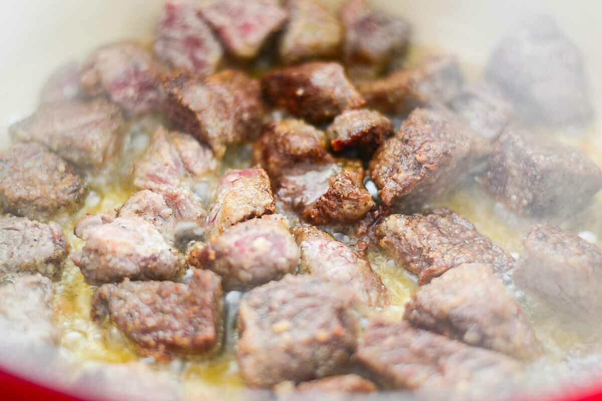 sear the meat for crockpot beef stroganoff