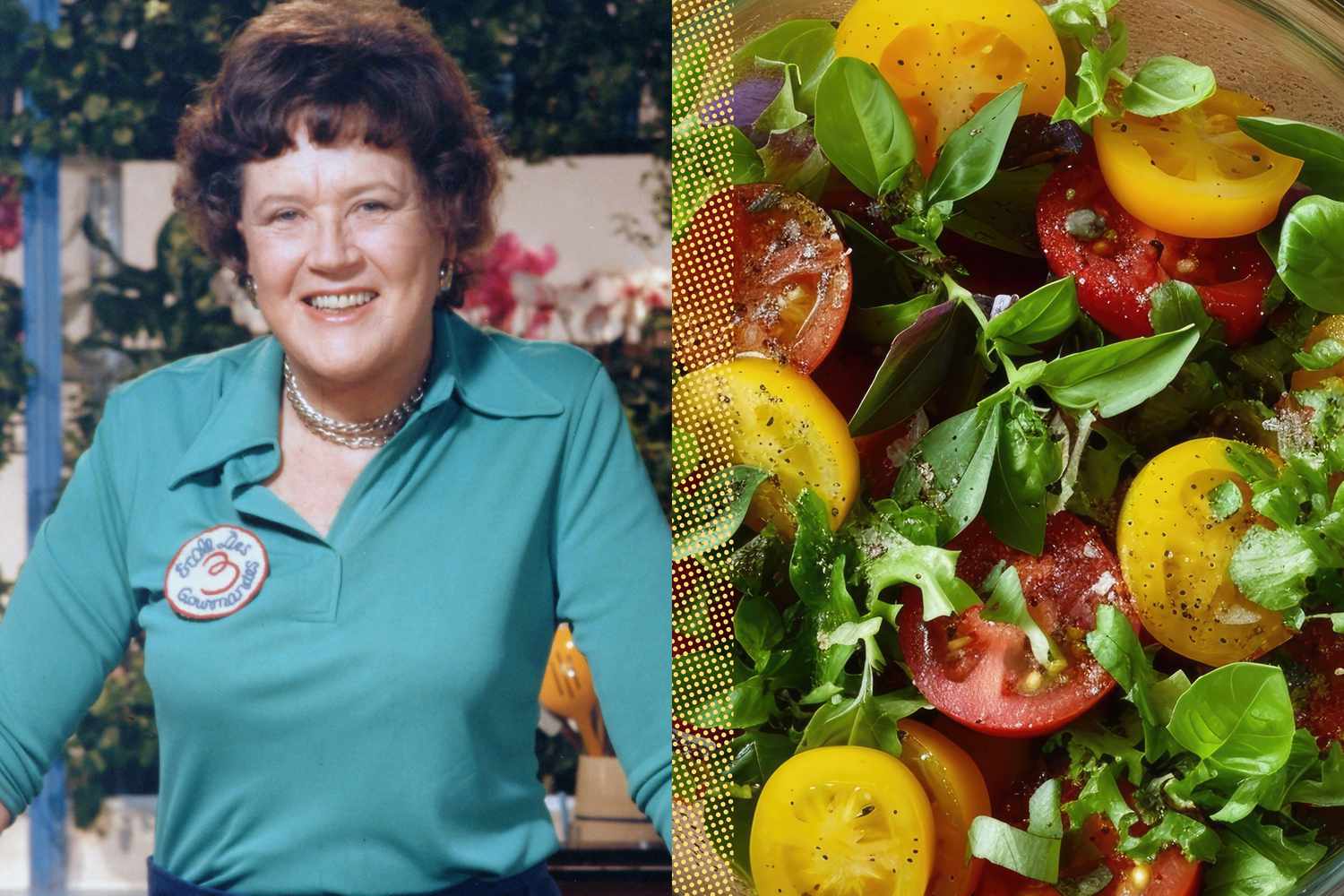 Julia Child shown alongside a salad with cherry tomatoes and fresh greens