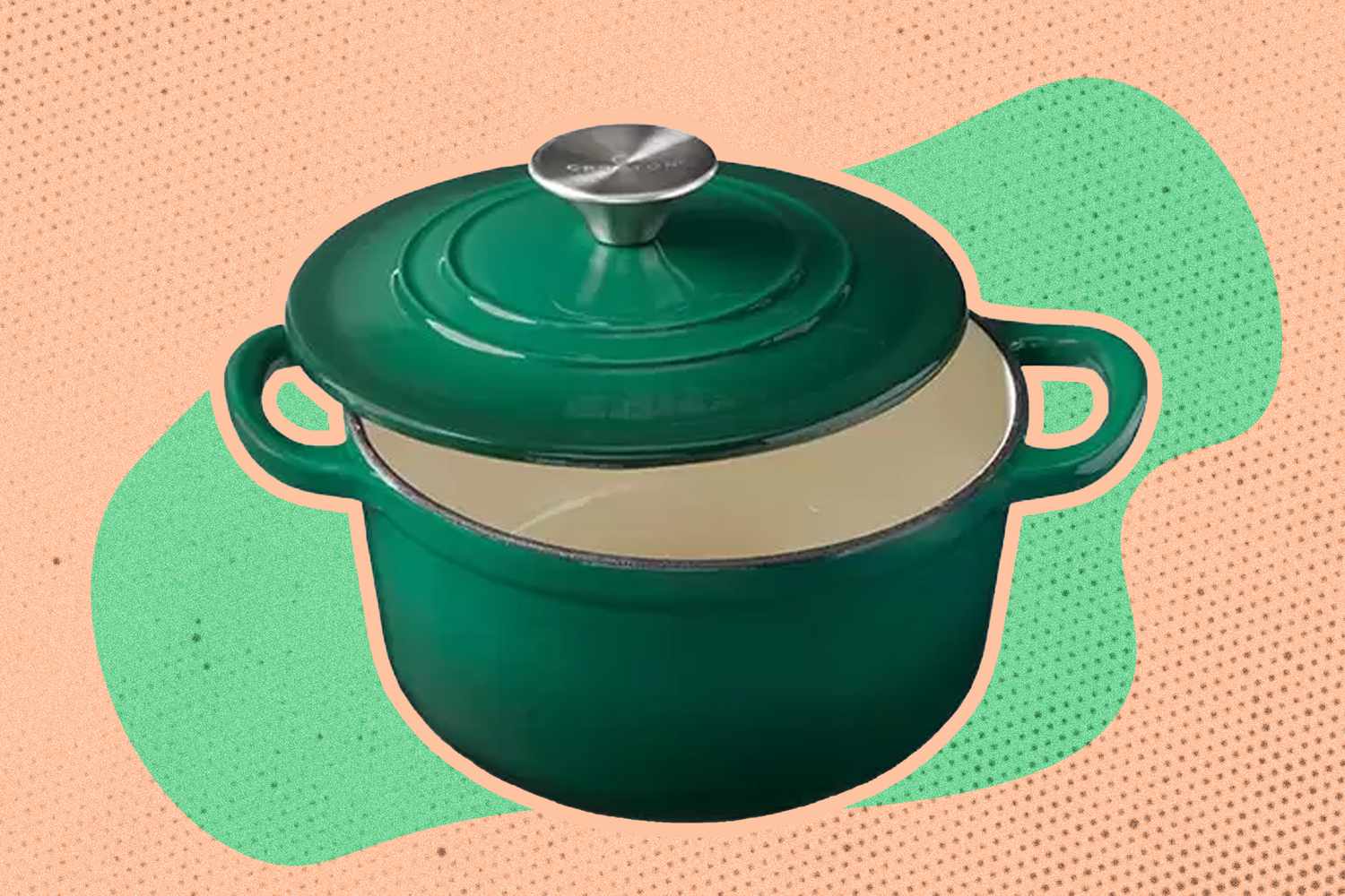 A forest green enameled cast-iron Dutch oven with a brushed chrome handle on the lid