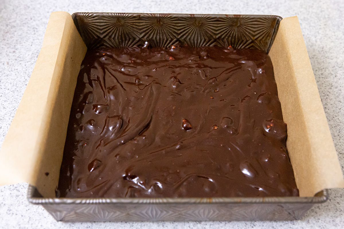 A pan filled with batter to make brownies from scratch.