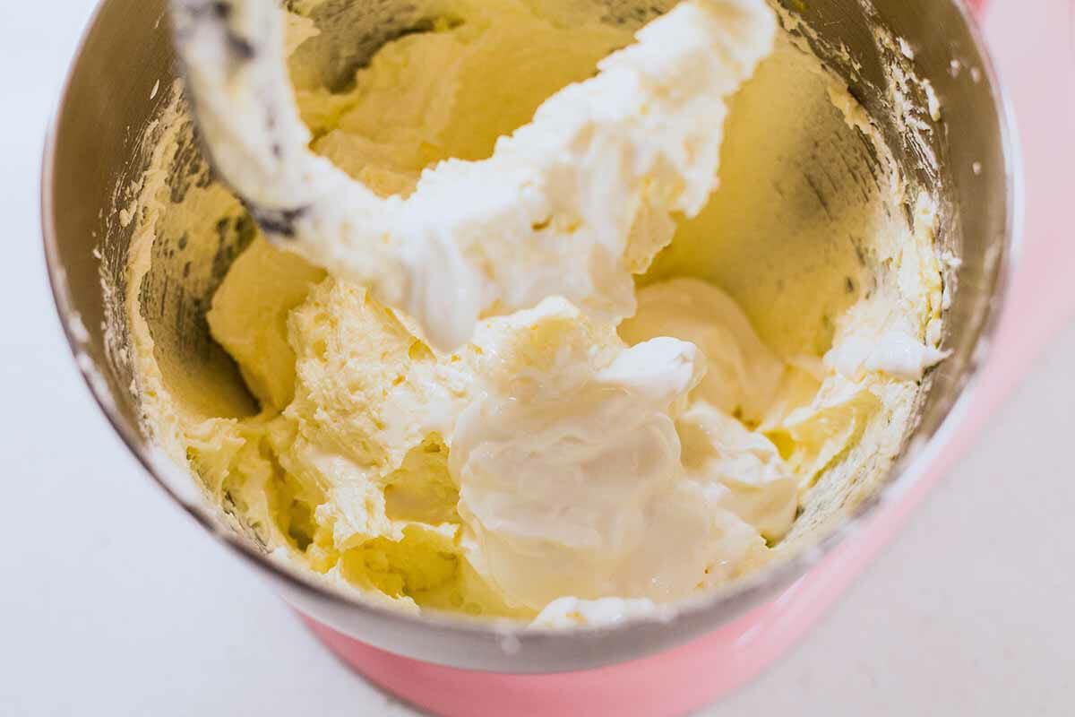 Sour cream sugar cookies mixed in a stand mixer.