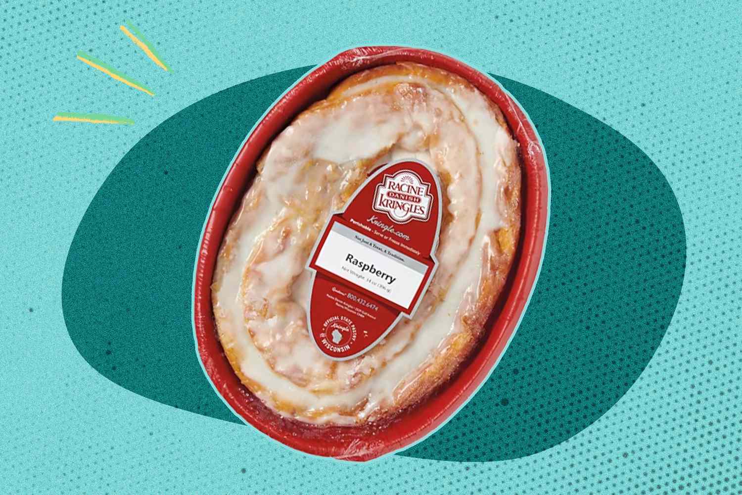 An ALDI Racine Kringles raspberry pastry in its packaging on a turquoise background