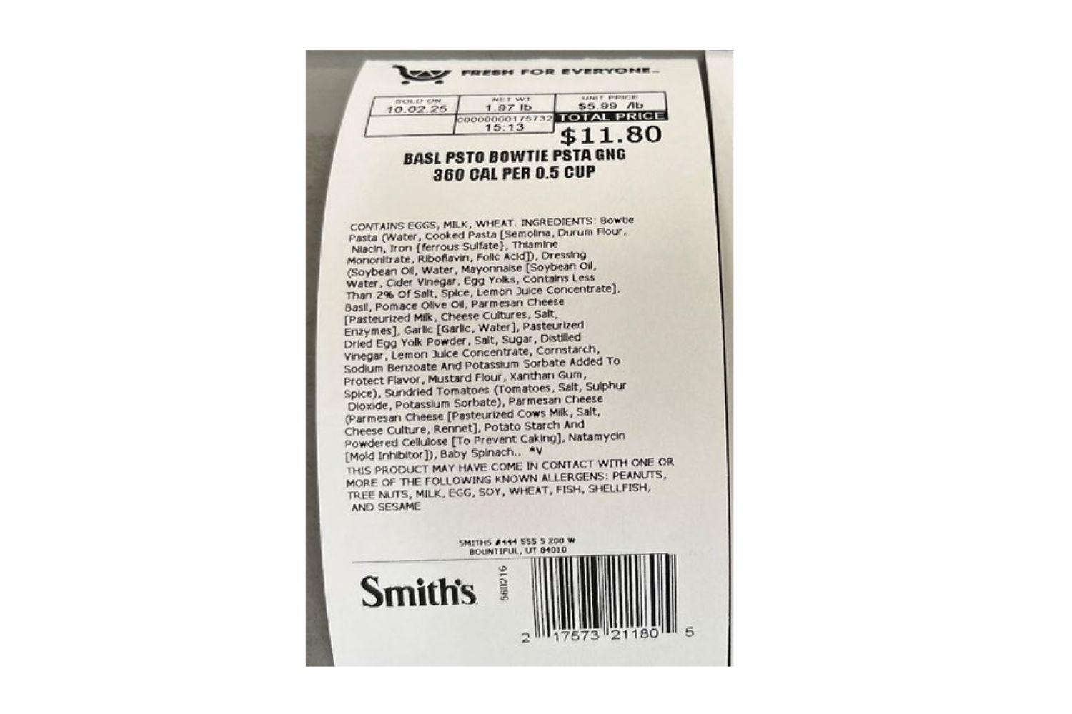 Label detailing nutritional and ingredient information for basil pesto bowtie pasta