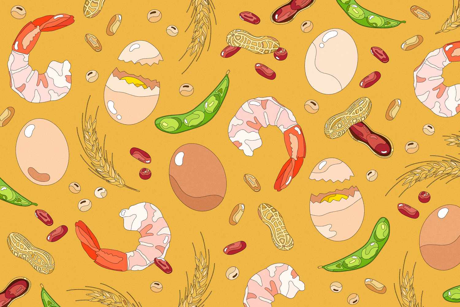 illustration of shrimp, soy, eggs, wheat and nuts