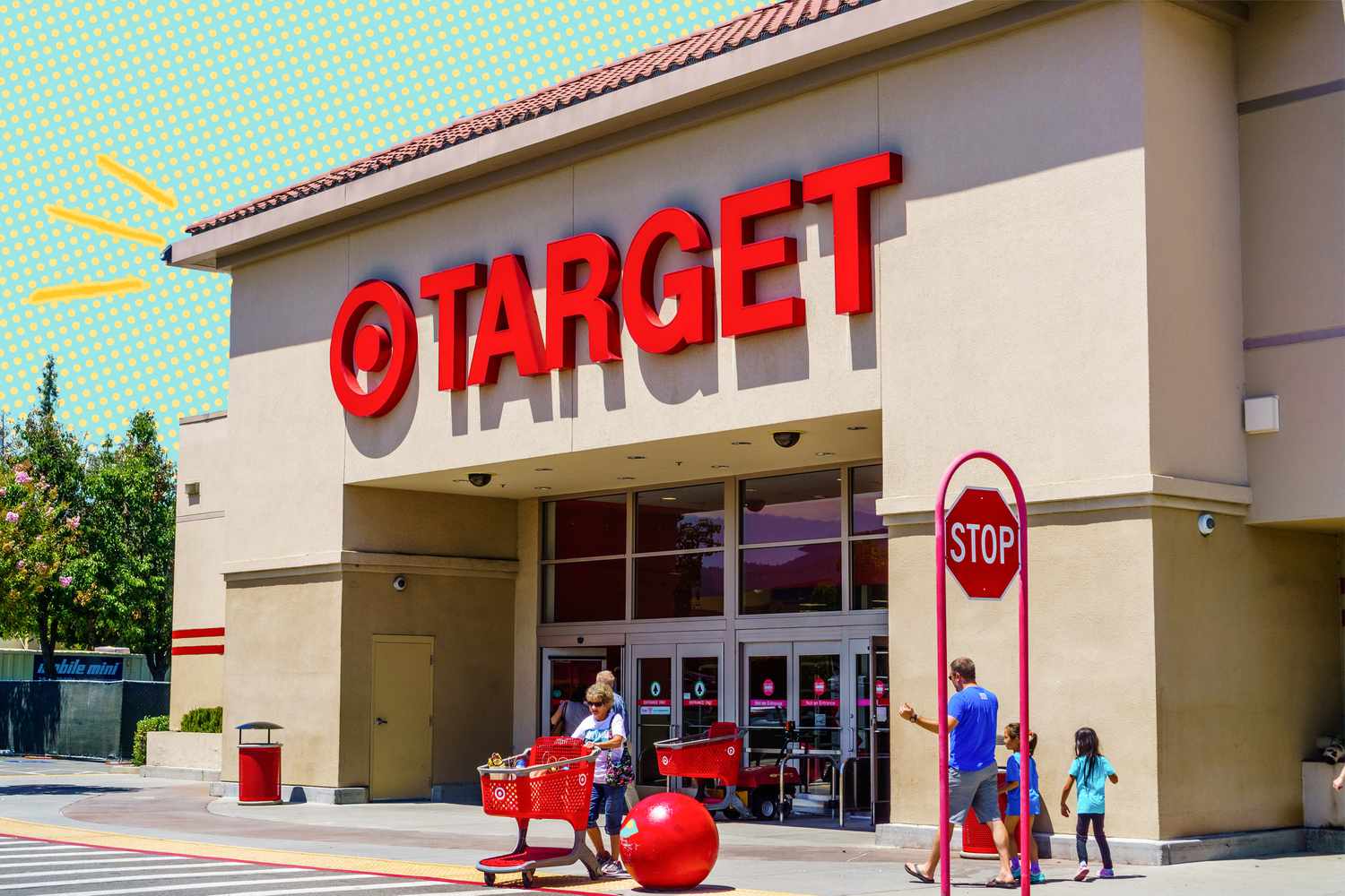 Target store-front with blue and yellow polka dotted illustrations