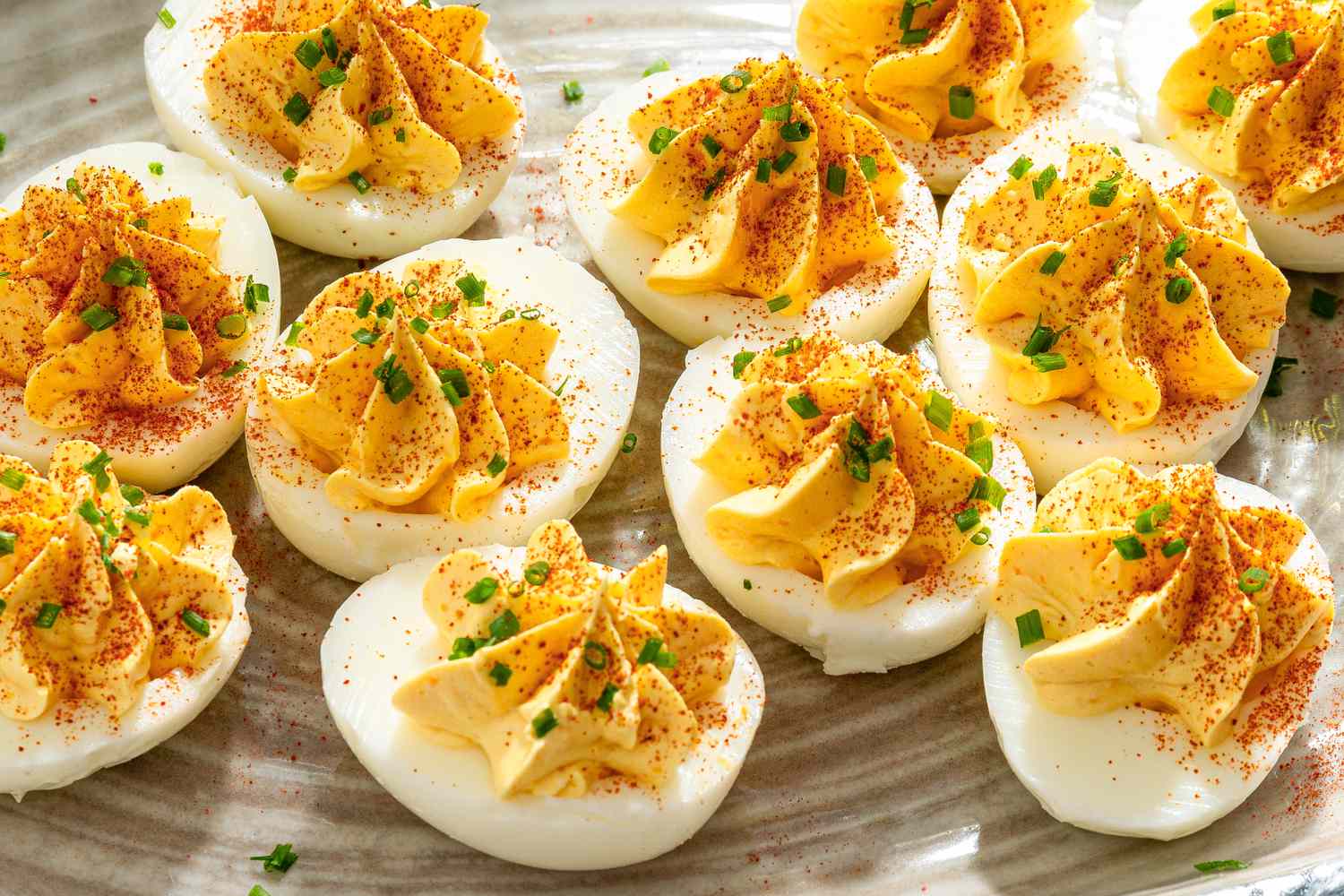 Overhead shot of deviled eggs on a tray