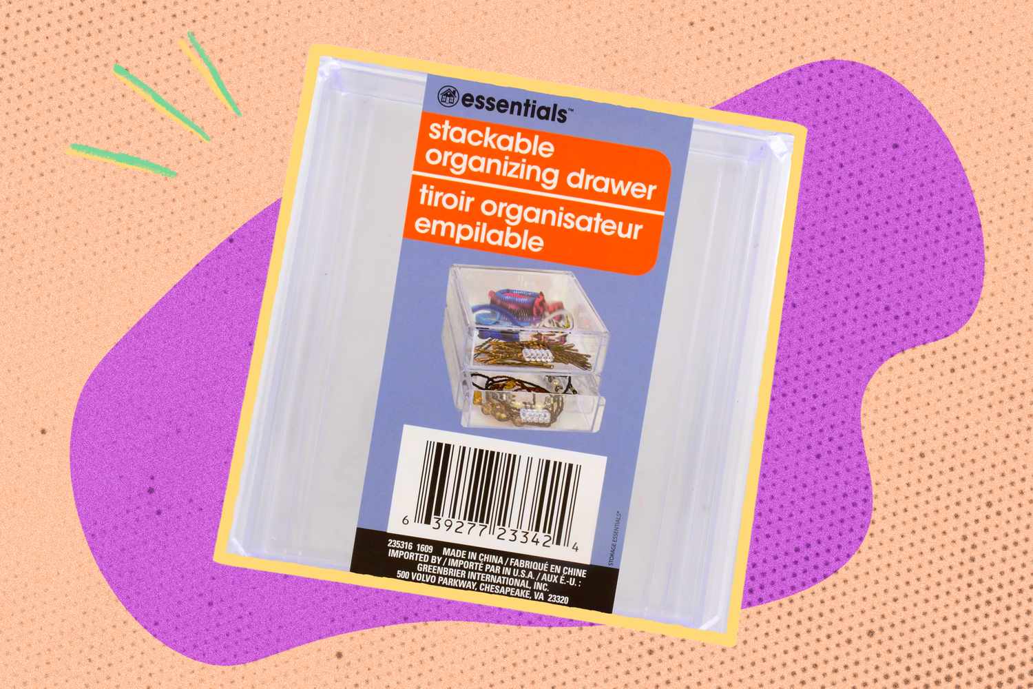 Stackable organizing drawer packaging on a colorful background