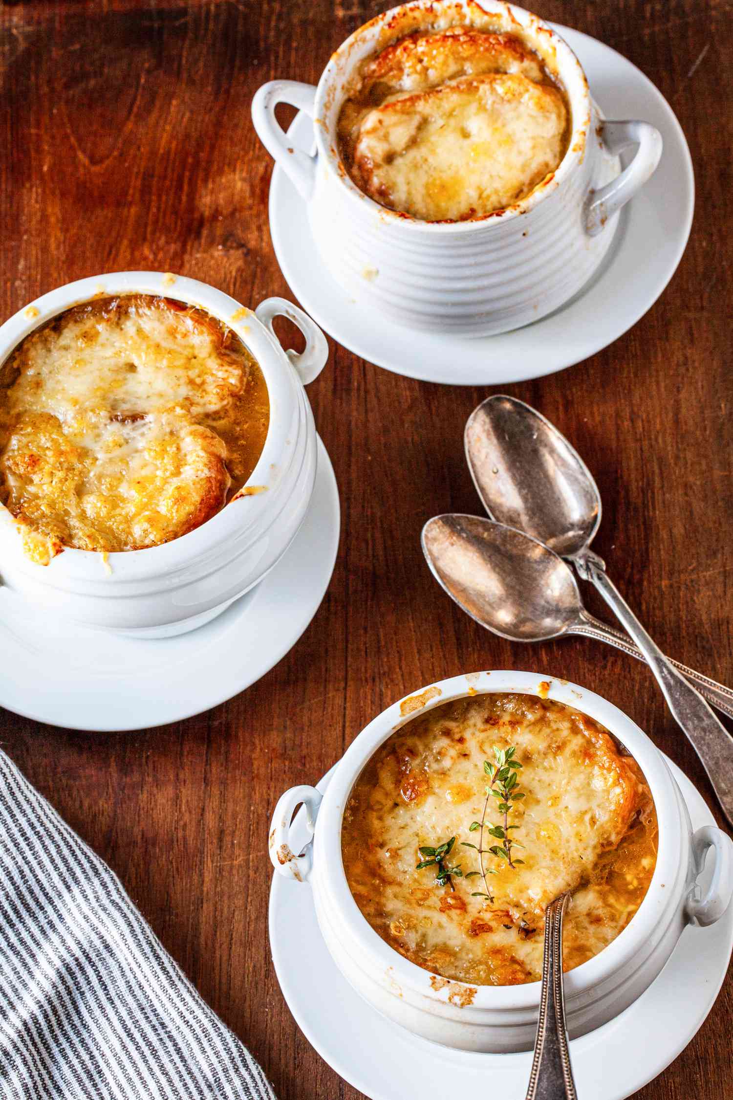 Vegetarian French onion soup with mushroom broth.