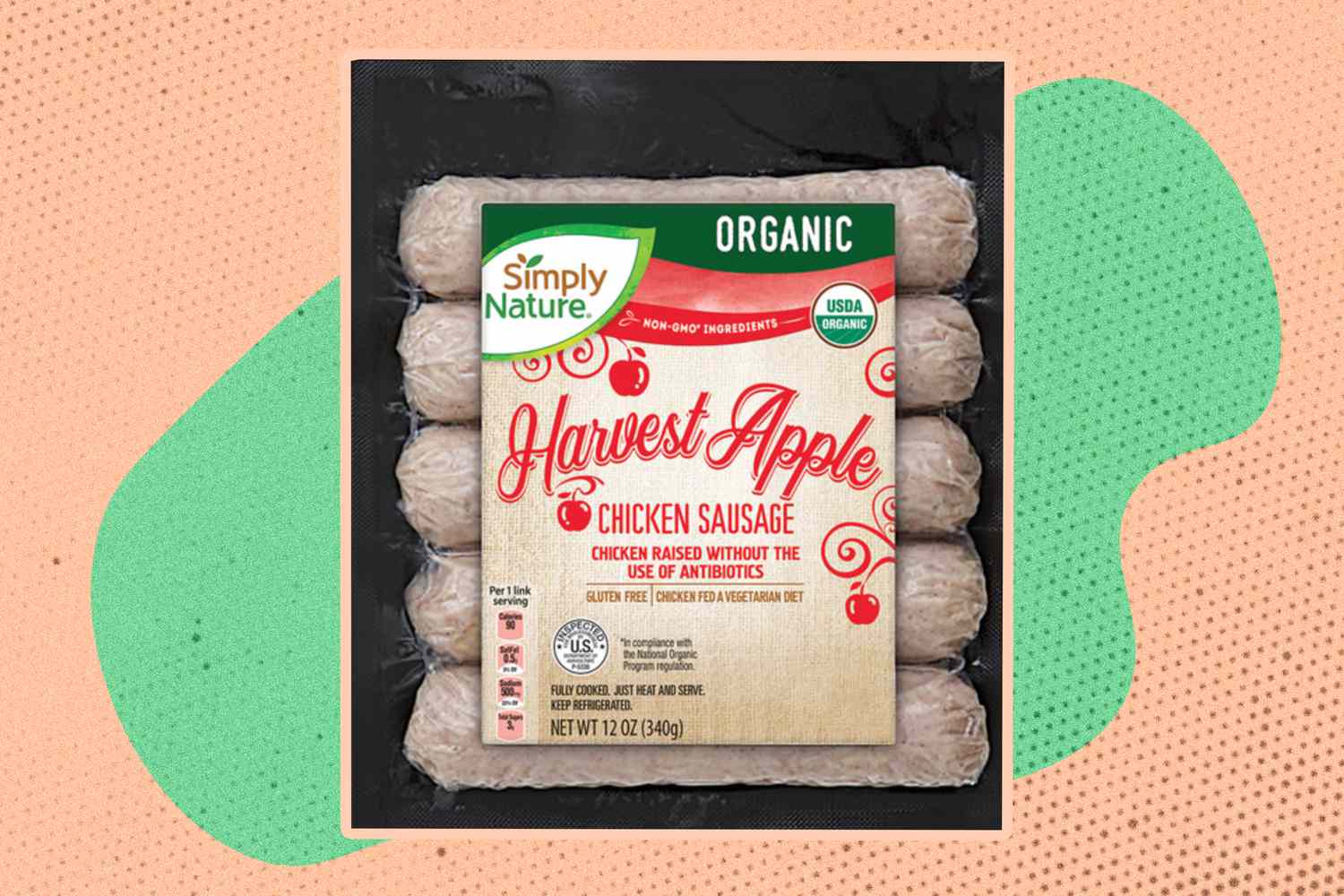 A package of ALDI apple sausages on an illustrated background