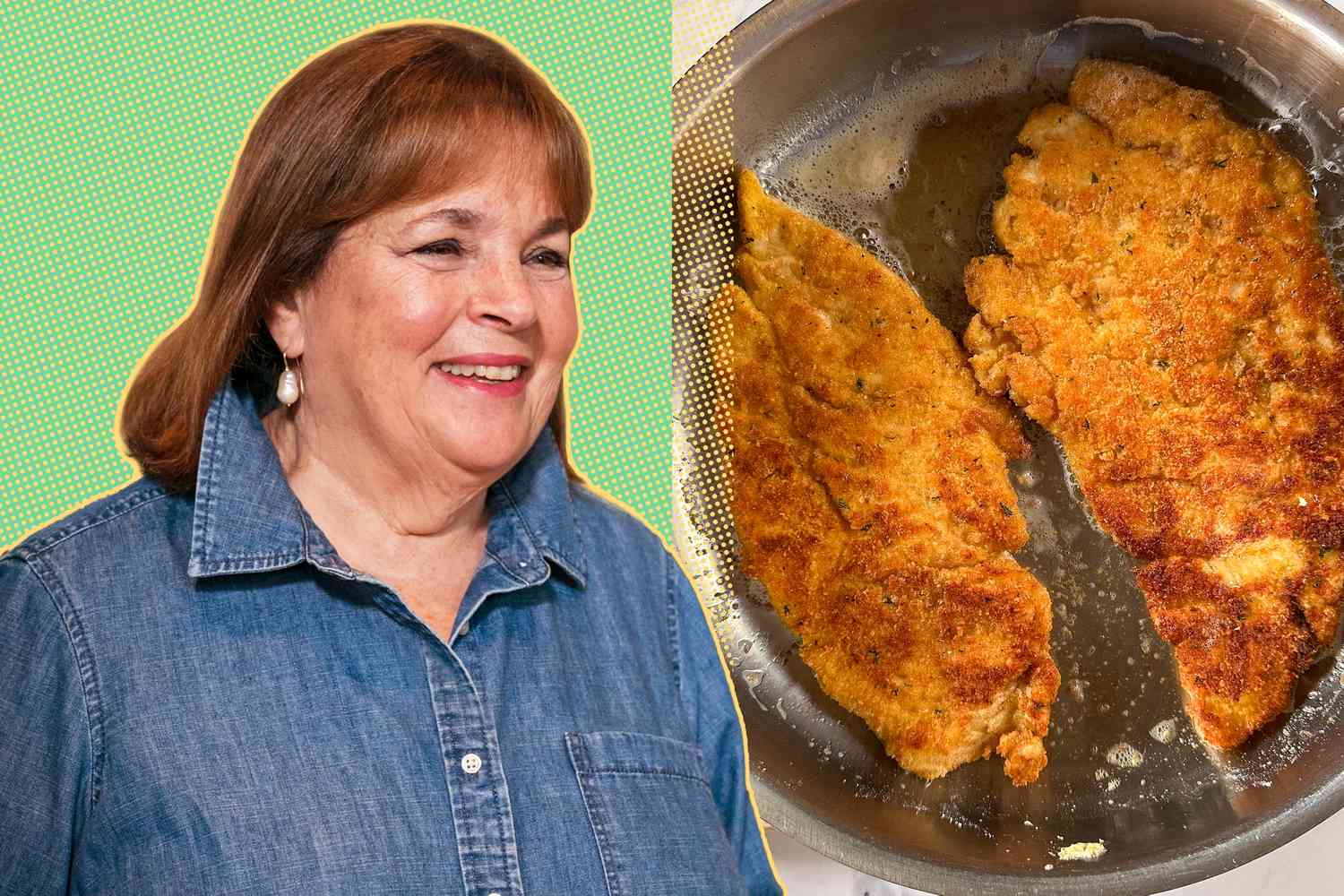 A split image of Ina Garten and breaded chicken cutlets getting pan fried