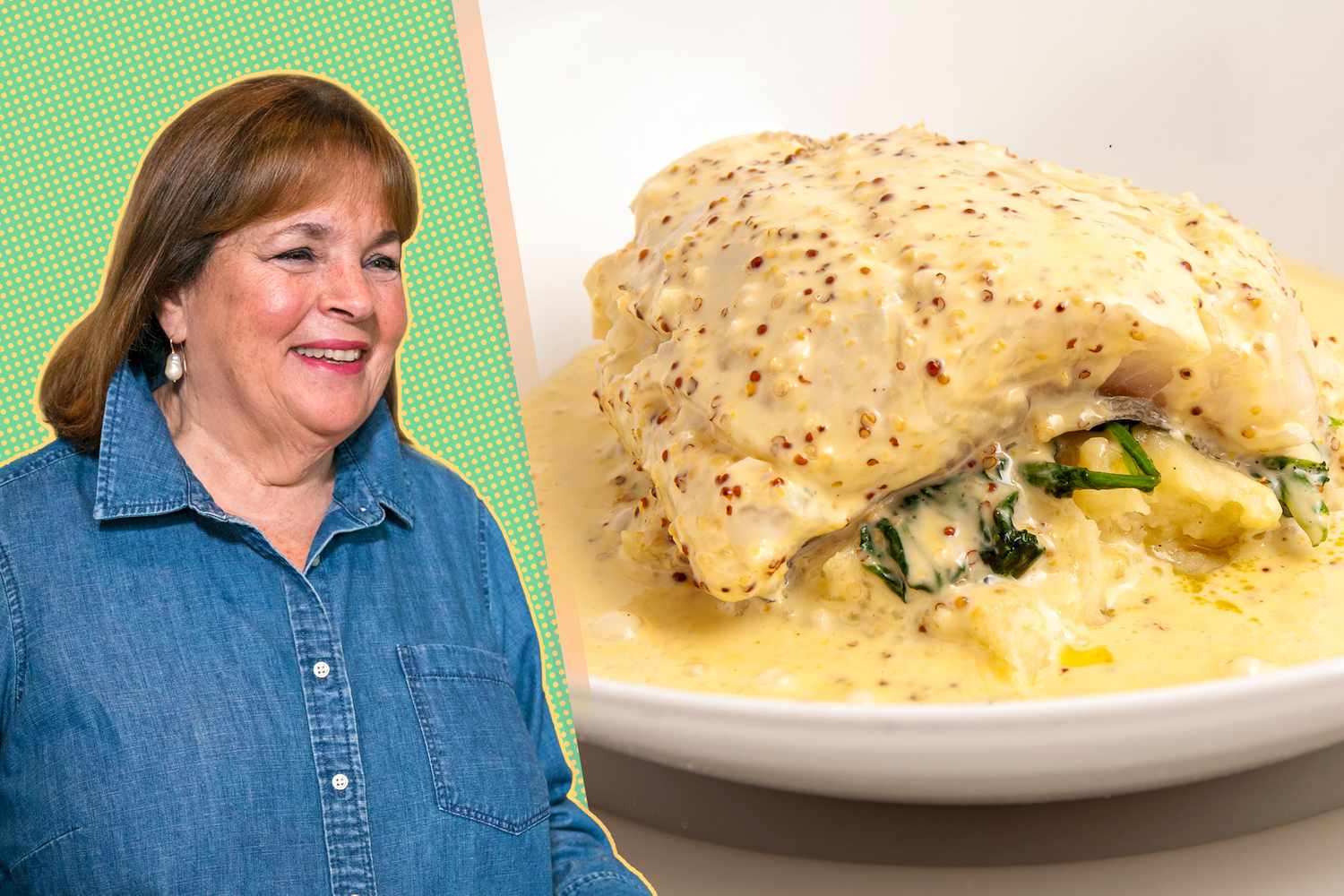 A split image of Ina Garten and a plate with a white fish covered in a mustard sauce